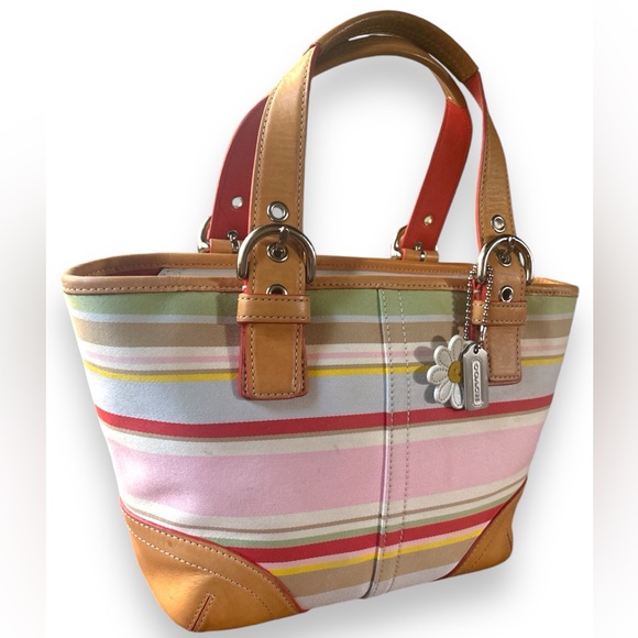 Coach Handbags - COACH Vintage Hampton Daisy Multi-Stripe Classic Vachetta Leather & Cotton Tote